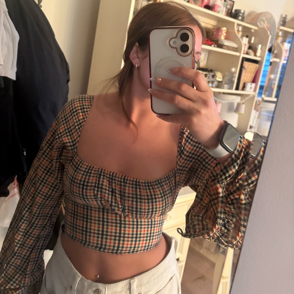 Plaid Square-Neck Puff Sleeve Crop Top - Brown/Black